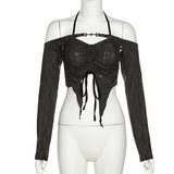 Dark Vintage Mall Gothic Drawstring Women T-shirts 2 Piece Set Y2k Retro Fairy Grunge Camisole Long Sleeve Buckle Crop