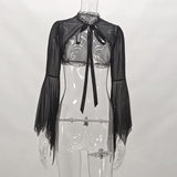 Vertical Collar Lace Splicing Strap Burnt Cuff Blouse Dark Wind Short Style Perspective Blouse Girl-Outfit