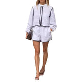 Fongt Summer Women's Round Collar Solid Color Long Sleeve Sticker Lace Shorts Two-Piece
