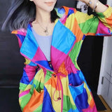 Contrasting Colors Geometric Spliced Jackets Women's Clothing Drawstring Shirring Spring Summer Casual Hooded Midi Coats-Outfit