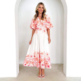 Fongt New Spring And Summer Bubble Sleeve V-Neck Women's Slings Print Fairy Gas In The Long Temperament Swing Dress Dress Woman