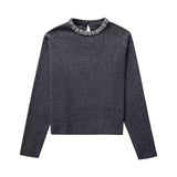 Spring Style Neckband Diamond Trim Round Collar Pullover Loose Sweater 5755005-Outfit
