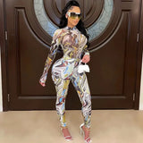 Mesh Sheer Print 2 Piece Sets Womens Outfits Long Sleeve Bodycon Bodysuit Top and Pants Leggings Set Clubwear Matching Sets-Outfit