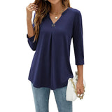 Color Five Yards A Large Number Of Burst Seven-Point Sleeve Solid Color V-Neck Buckle Folded T-Shirt Top