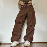Women Casual Trousers Solid Oversized Drawstring Low Waist Wide Leg Sweatpants Fashion Baggy Hippie Female Joggers Cargo