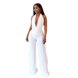 Fongt Hanging Neck Deep V Blouse Temperament Fashion Pure White Broad Leg Pants Two-Piece Set