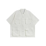 Fongt Cityboy Solid Color Multi-Pocket Overalls Short-Sleeved Shirt Men And Women Loose Retro Function Shirt Tide-Outfit