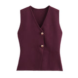 Fongt Summer Women's Solid Color Repair Gold Button Knitted Vest Blouse B62038