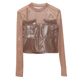 Sexy Micro-Permeable Mesh Splicing Pu Skin Bottom Shirt Women Autumn And Winter Body Repair Short Long-Sleeved T-Shirt Top