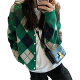 Fongt And Winter New College Temperament Small Knit Coat Female Retro British Wind Diamond Grid V-Neck Sweater Cardigan-Outfit