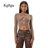 Fall Clothing Tops For Women 2021Ladies Long-Sleeved Hollow Pleated Sexy Short Top Elegant All-Match Solid Color