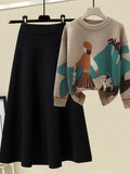 Winter Warm Knitted Two Pieces Sets For Women Long Sleeve Print Sweater And High Waist Knitting Skirts Set Womens