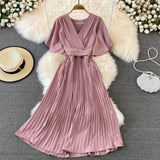 Fongt New V-Neck Short-Sleeved Dress Over Knee-Repaired Lady's Waist Tie Mid-Slap Dress