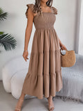 Shooting 2025 Summer Solid Color Square Lead Wood Ear Waist A Word Dress Women's