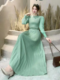 Fongt Ripe Wind High Waist Round Collar Dress Spring And Autumn New Temperament Solid Color To Show Thin Waist Swing 100 Rhetum Long Skirt