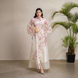 Fongt Court Dress Female Senior Sense Strap To The Waist Lantern Sleeve Print Single Buckle Mesh Elegant Dress