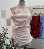 Spicy Design Sleeveless Leaves Three-Dimensional Flower Blouse Atmosphere Slimming Waist