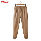 Women Khaki PU Leather Pants Stretch Waist Female Autumn Winter Harm Pants Trousers