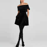 Velvet Off Shoulder Solid Mini Dress-Outfit