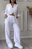 Fongt New Women's Solid Color Single-Button Long-Sleeved Shirt Two Sets Of Wide Leg Trousers With