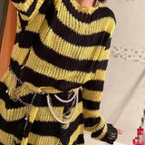 Fongt Version Of The Hollow Hole In The Long Sweater Female Lovers Stripes Loose Color Dark Versatile Knit Niche-Outfit