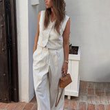 Fongt Selling 2024 New Striped Vest Pants Suit Summer Women's Casual Wear Temperament Commuting Two Sets-Outfit