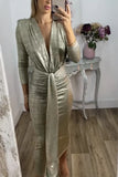 Fongt Women's Autumn And Winter Sexy V-Neck Dress Solid Hot Gold Tight-Body Ass 8088