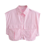 Fongt Color Y2K Women's Big Pocket Splicing Irregular Cardigan Polo Collar Shirt Top A19683