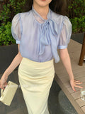 Fongt Xixi 2025 Summer New Thousand Gold Wind Bow Tie With Bottom Shirt Women's Long-Sleeved Top 89202-1