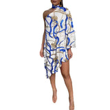 New Fashionable Sexy Lotus Leaf Edge Printed One-Sleeve Open-Shoulder Dress-Outfit