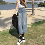Fongt The Front Split Denim Skirt Female 2024 Ins Temperament A Word Retro Show Thin In The Long Wrap Buttock Skirt-Outfit