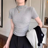 Fongt Collar Short-Sleeved T-Shirt Women's Summer 2024 New Bottom Shirt With Slim Short Student Pleated