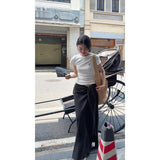Fongt Casual Style Niche White Short-Sleeved T-Shirt Black Irregular Design Half-Body Dress Suit Women's Summer