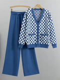 Plaid Sweater Two Piece Set Fall Winter V-neck Knit Cardigan Jackets Conjuntos Casual High Waist Wide Leg Pants Outfits