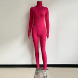 2021 Fall Rib Women Brown Rompers High Neck Soft Bodycon Jumpsuit Lady Birthday Long Sleeve Overalls Stretchy