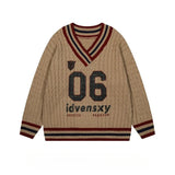 Brown V-neck Letter Print Oversize Sweater-Outfit