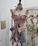 Real Shoot French Retro Irregular Lotus With Chest Cushions With Ribbon Sling Vest Summer Chiffon Top
