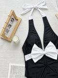 Fongt Bikini Bikini Black And White Contrast Color Bow Tie Band One-Piece Swimsuit D798RY-Outfit
