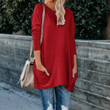 Wise Women's New Round Collar Long Sleeve Pocket T-Shirt Top-Outfit