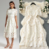 Fongt Spring Dress 2025 New Women's Spring And Autumn Heavy Industry Water-Soluble Lace Lace-In-Air Mid-Change Dress Vacation Dress