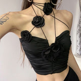 Vintage Sexy Black Rose Halter Camisole Tops All-match Hollow Out Tank Top 2024 Summer New Slim Fit Vest for Women-Outfit