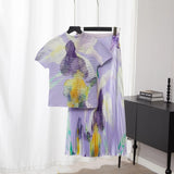 Fongt Fashion Set Women's Summer French High-Grade Folding Print Short-Sleeved Top + Loose A Word 100-Fold Long Skirt