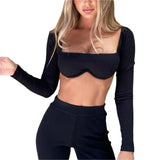 Rib Knit Crop Tops Long Sleeve Square Neck Tube Top Stretchy Corset Women Backless Solid Color Blouse 2021