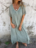 Fongt New Leisure Spring And Summer Loose Skirt Short-Sleeved V-Neck Solid Cotton Dress