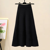 Women Autumn Winter Warm Knitted Two Pieces Sets Korean Long Sleeve Pullover Sweater Top And High Waist Knitting Skirts