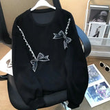 Clothing Fashion Bow Diamonds Pullovers Spring Autumn Casual Long Sleeve Korean Solid Color Loose Round Neck Sweatshirts-Outfit
