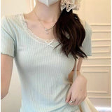Aesthetic Lace Trim Short Sleeve Bow Tee-Outfit