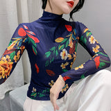 Autumn Winter Women's Long Sleeve Turtleneck T-shirts Lady Positioning Printing Flowers TShirt FF0837-Outfit