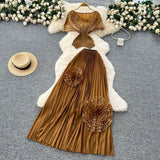 Fongt Folded Two Sets Of Women's Waist Repair Short Sleeve Pressure Folded Blouse Flowers High Waist 100 Folds Skirt