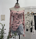 Pink Butterfly Hanging Neck To Make Old Hole Long-Sleeved T-Shirt Hottie Slanted Shoulder Slim Short Blouse